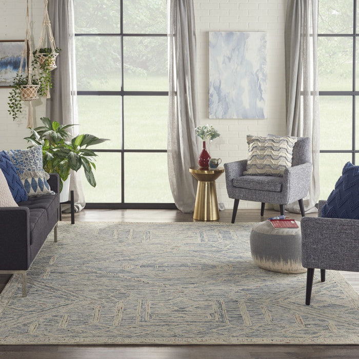 8' X 11' Wool Geometric Area Rug - Tan / Blue