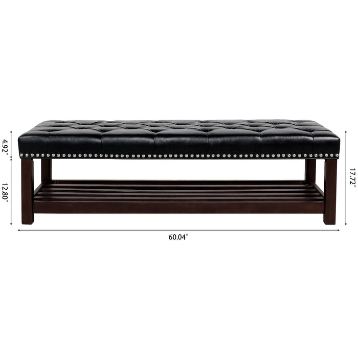 Giga upholstered bedroom end of bed bench with tufted cushion, nailhead trim, shelf, and shoe rack in a cozy living room setting