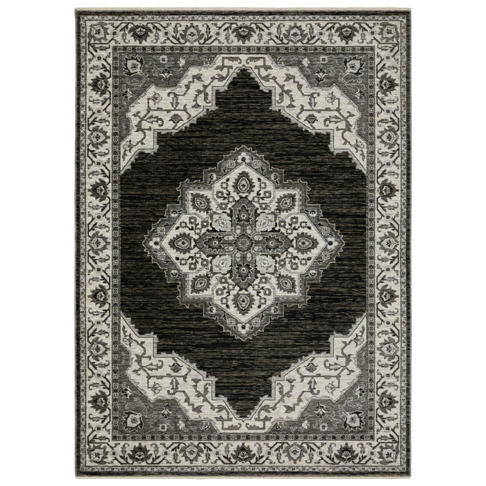 10' X 13' Medallion Area Rug With Fringe - Charcoal And Ivory
