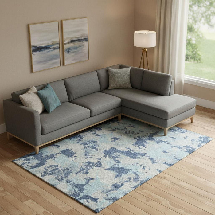 10' X 14' Floral Washable Area Rug With UV Protection (670351) - Navy Blue / Silver / Sky Blue