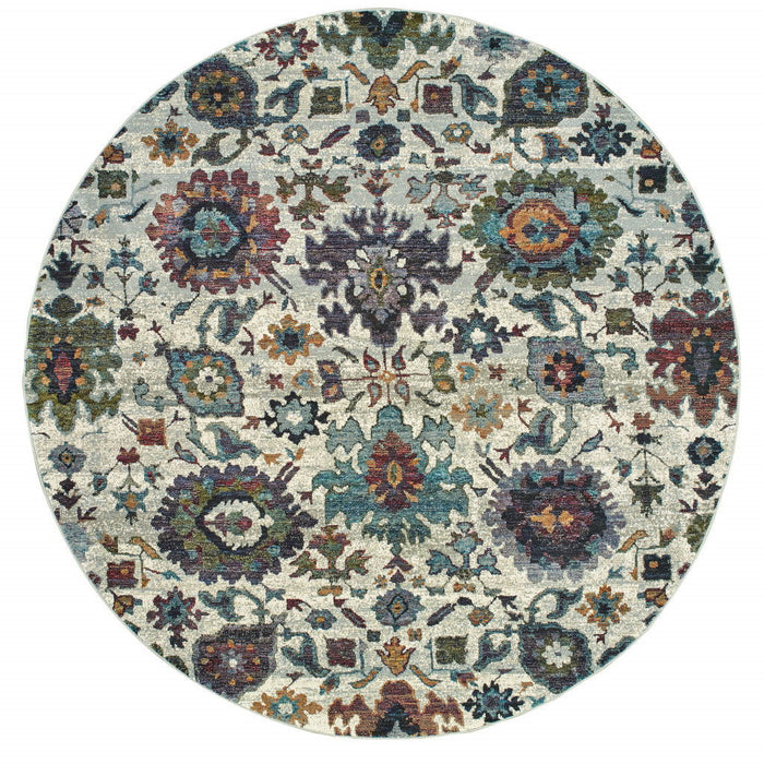 8' Round Oriental Power Loom Area Rug - Purple And Gray