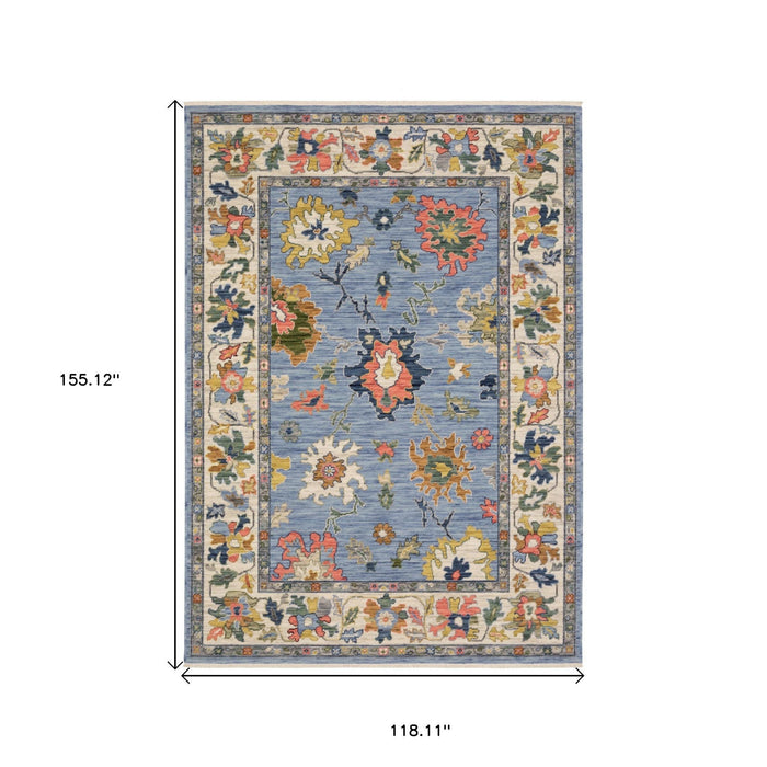 10' X 13' Oriental Area Rug With Fringe - Blue And Yellow