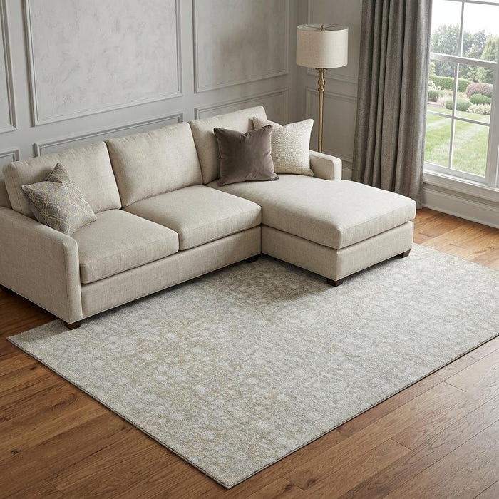 10' X 14' Damask Washable Area Rug With UV Protection (692112) - Tan / Ivory