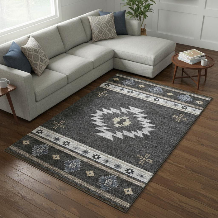 9' X 12' Geometric Washable Area Rug With UV Protection (645689) - Midnight / Ivory / Beige