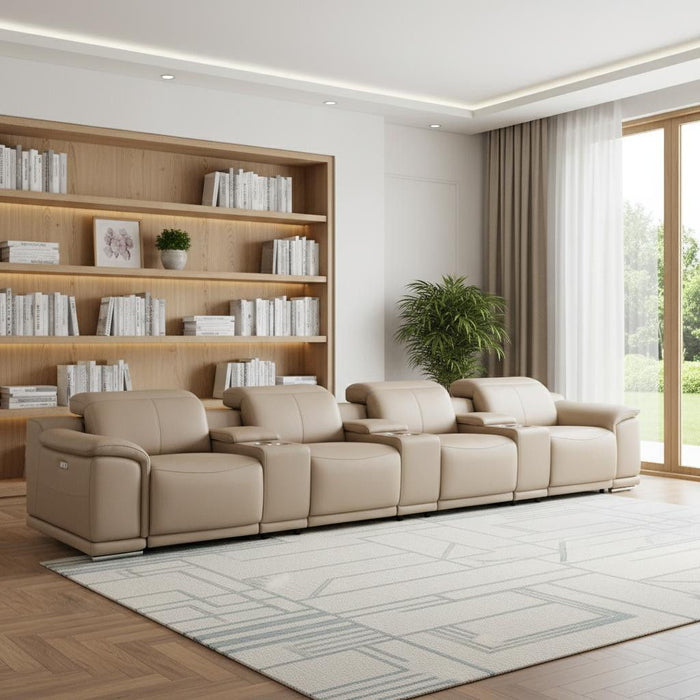 175" Leather Reclining Stainless Steel USB Sofa - Beige