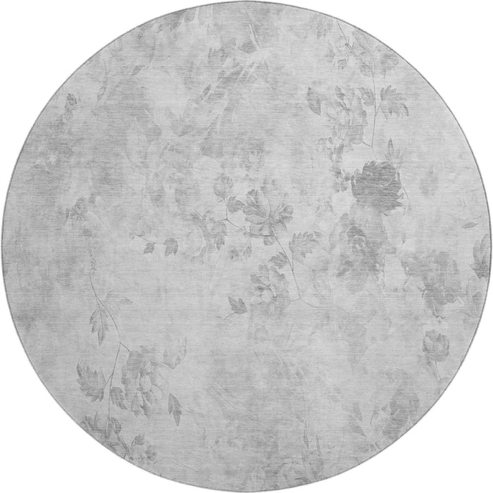 8' Floral Washable Round Rug With UV Protection (657710) - Gray / Silver
