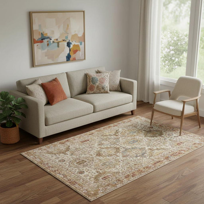 5' X 8' Geometric Distressed Area Rug (550334) - Ivory / Red