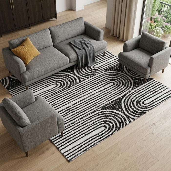 10' X 14' Geometric Distressed Washable Area Rug With UV Protection (648226) - Black / Ivory