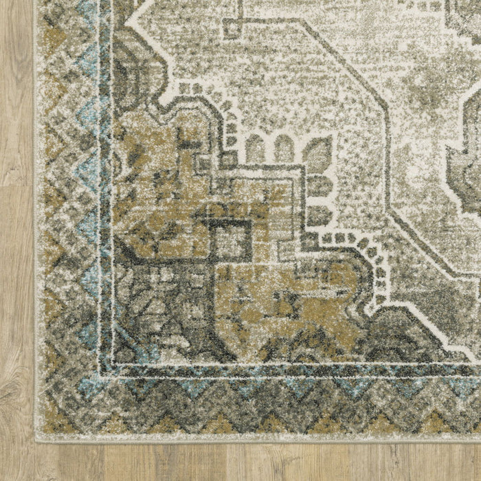 6' x 9' Oriental Power Loom Stain Resistant Area Rug - Gray Blue Beige And Gold
