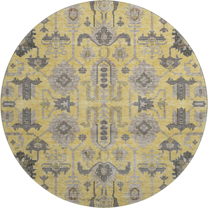 8' Oriental Washable Round Rug With UV Protection (656630) - Amber / Gray / Charcoal