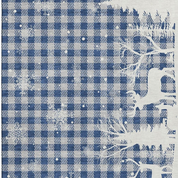 10' X 14' Gingham Washable Area Rug With UV Protection (702305) - Blue / Ivory / Gray
