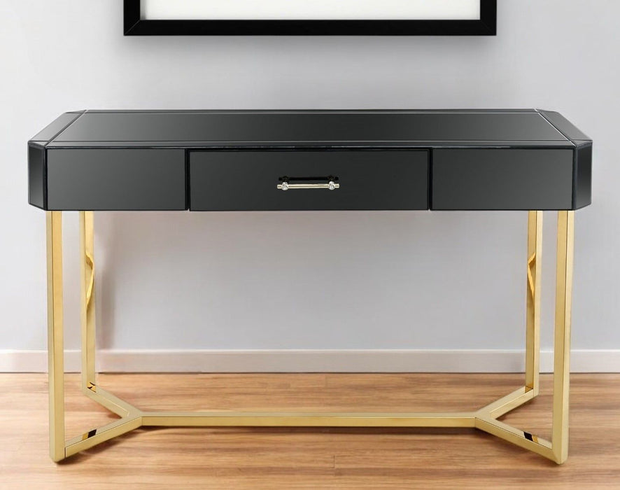 Mirrored Glass Frame Console Table And Drawers - Black And Gold