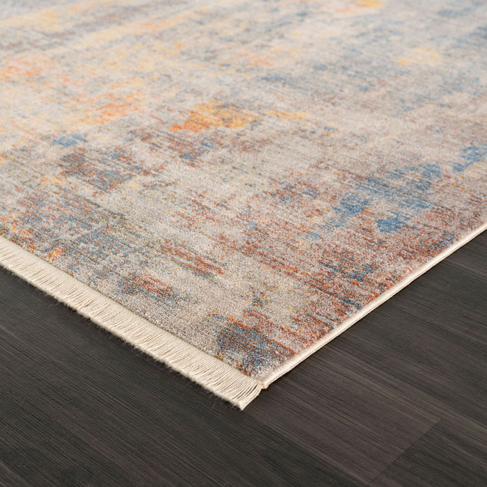 9' x 12' Abstract Power Loom Distressed Stain Resistant Area Rug - Gray Beige Blue And Yellow