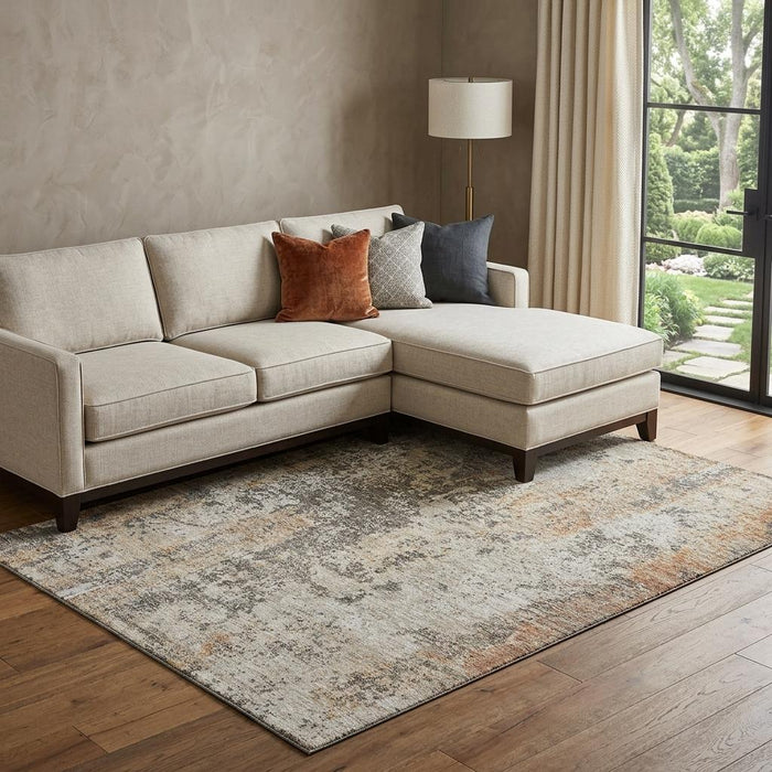 10' X 14' Abstract Washable Area Rug With UV Protection (687107) - Terra Cotta / Brown / Gray