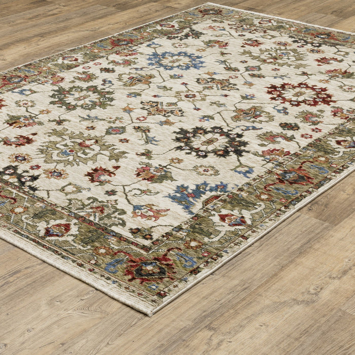 10' X 13' Oriental Area Rug With Fringe - Ivory And Green