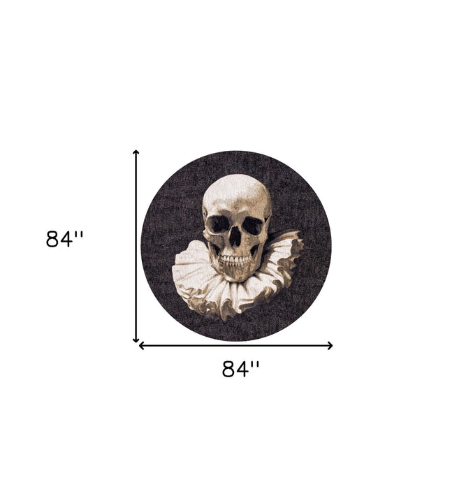 8' Round Funky Skull Non Skid Area Rug - Black And White