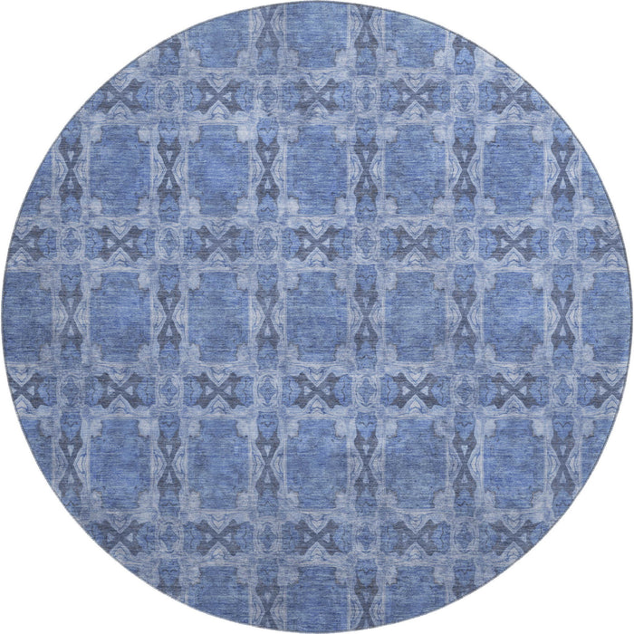 8' Floral Medallion Washable Round Rug With UV Protection (649477) - Denim Blue / Ivory