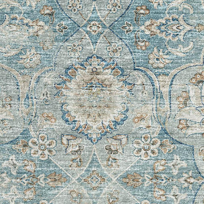 8' X 10' Floral Medallion Distressed Washable Area Rug With UV Protection (644584) - Persian Blue / Coffee / Ivory