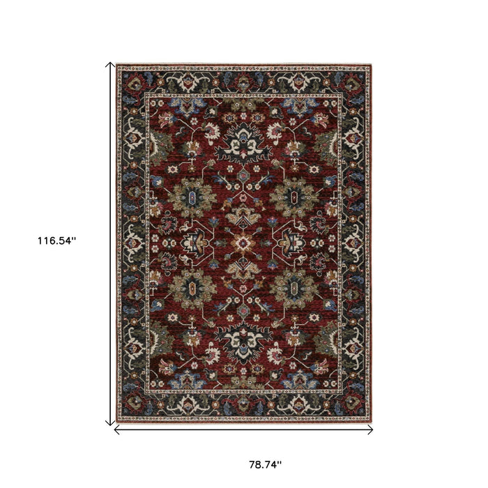 7' X 10' Oriental Area Rug With Fringe - Red And Charcoal
