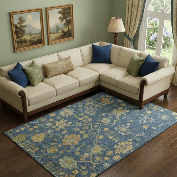 10' X 14' Floral Washable Area Rug With UV Protection (708439) - Navy Blue / Gold
