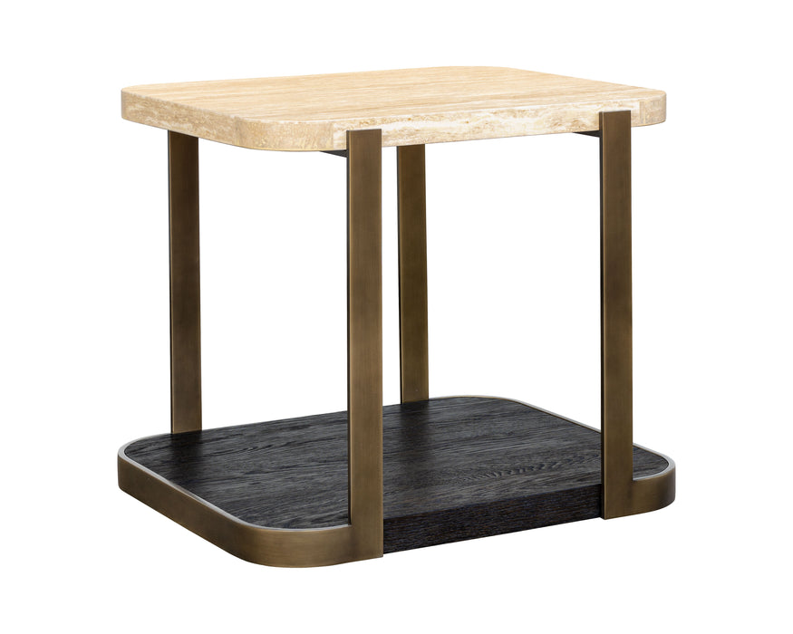 Avalon - End Table - Bronze Metal Frame With Travertine & Espresso