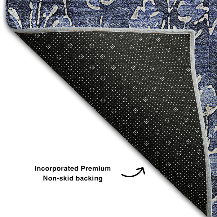 9' X 12' Floral Washable Area Rug With UV Protection (656453) - Navy Blue / Ivory