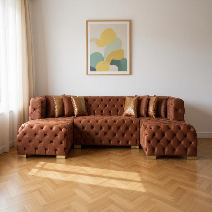 Tufted Velvet Modular U Shaped Sofa Chaise Sectional With Toss Pillows - Orange