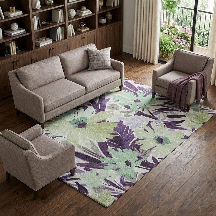 10' X 14' Floral Washable Area Rug With UV Protection (693972) - Purple / Green / Ivory