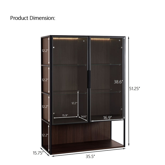 Giga modern minimalist tall accent cabinet with black tempered glass door and dark walnut finish, illuminated interior, sleek design.