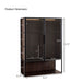 Giga modern minimalist tall accent cabinet with black tempered glass door and dark walnut finish, illuminated interior, sleek design.