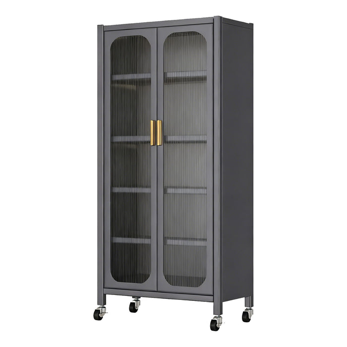 Giga 6-tier storage cabinet with transparent door, adjustable shelves, and wheels for versatile display and organization.