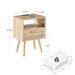 Modern rattan nightstand with drawer, solid wood legs, built-in power outlet, USB ports, ideal for living room or bedroom.