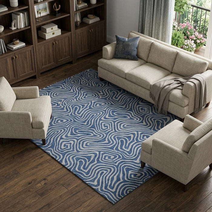 10' X 14' Abstract Washable Area Rug With UV Protection (680975) - Navy Blue / White