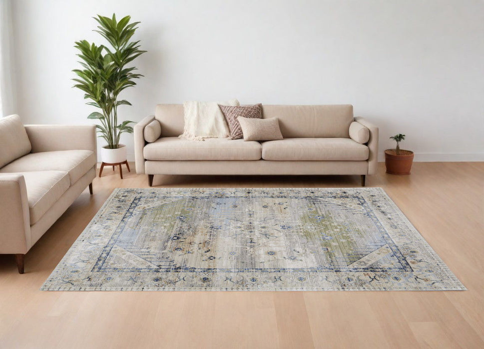 8' x 10' Abstract Power Loom Worn Faded Area Rug - Ivory Green And Blue