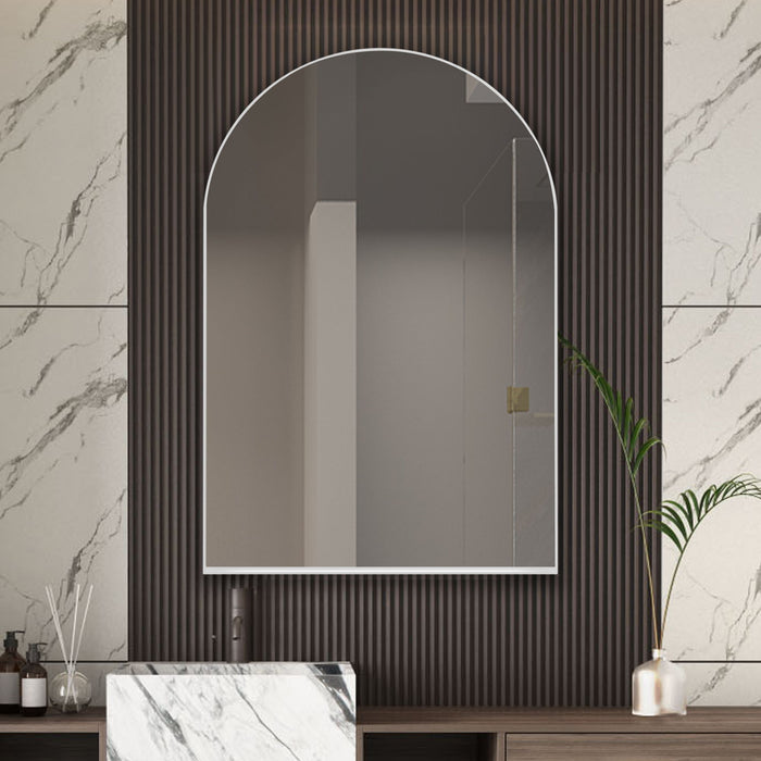 Giga arched recessed medicine cabinet with metal frame, mirror, and adjustable shelves for bathroom wall storage