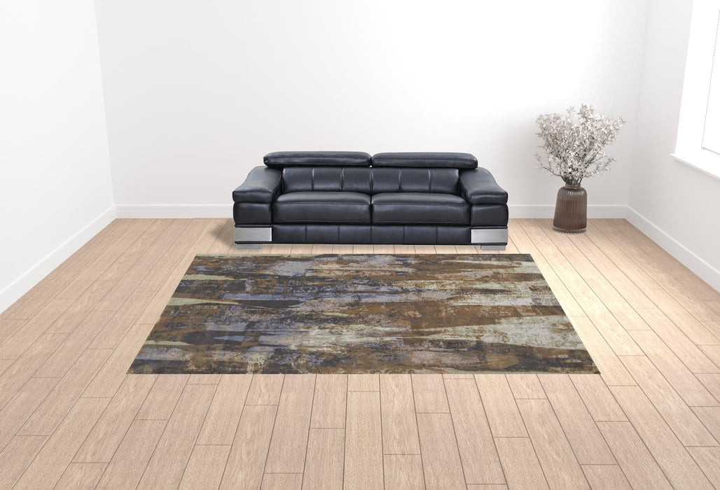 10' x 13' Abstract Power Loom Distressed Area Rug - Brown Blue And Ivory