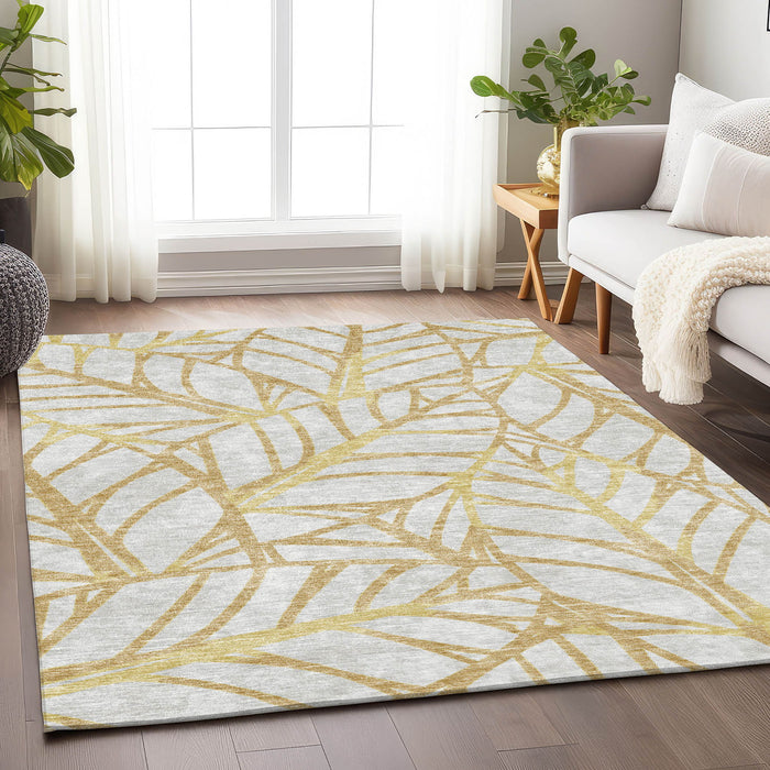 9' X 12' Floral Washable Area Rug With UV Protection - Gold / Beige