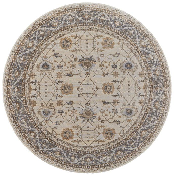 7.8' x 7.8' Round Oriental Power Loom Distressed Area Rug - Brown And Ivory