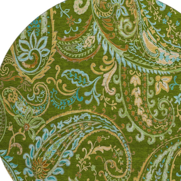 8' Paisley Washable Round Rug With UV Protection (647971) - Green / Blue