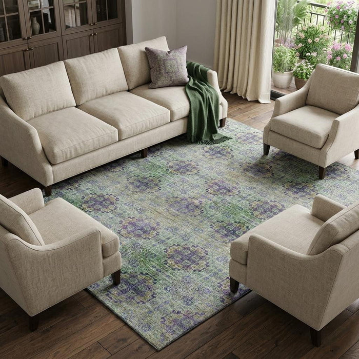 9' X 12' Floral Medallion Distressed Washable Area Rug With UV Protection (648945) - Purple / Green / Ivory