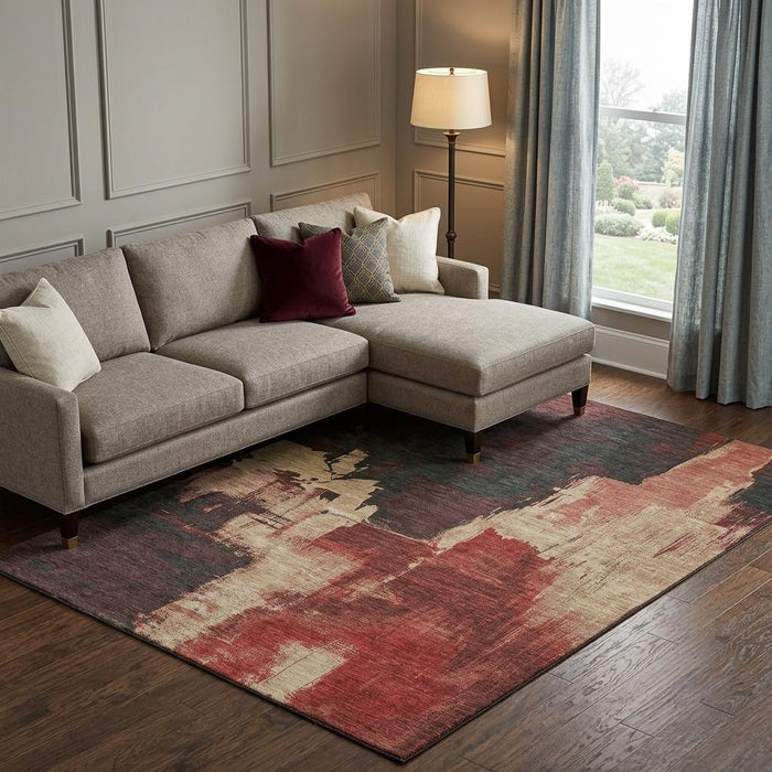 10' X 14' Abstract Washable Area Rug With UV Protection (693042) - Brick Red / Mauve / Beige