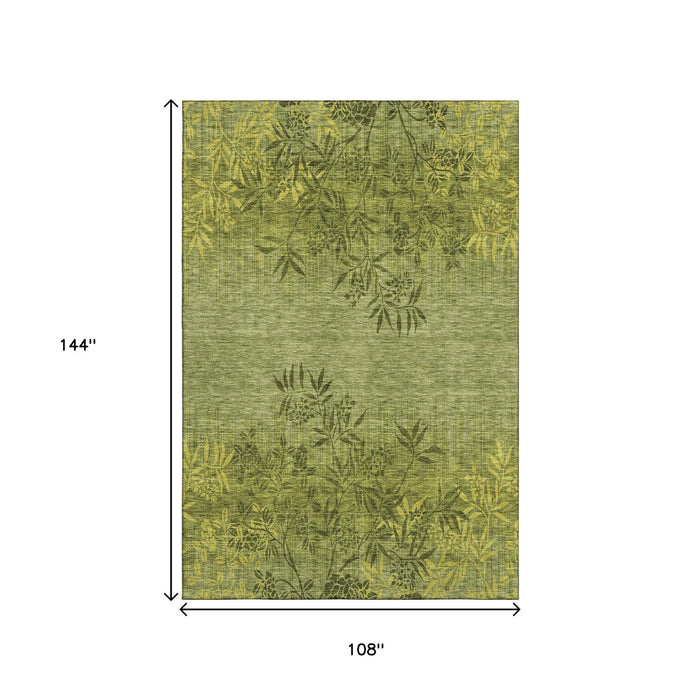 9' X 12' Floral Washable Area Rug With UV Protection (655661) - Olive Green / Gold