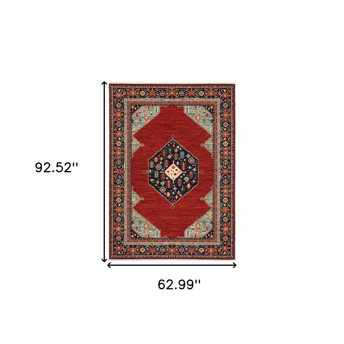 5' x 8' Oriental Power Loom Stain Resistant Area Rug With Fringe - Red Blue Orange And Ivory