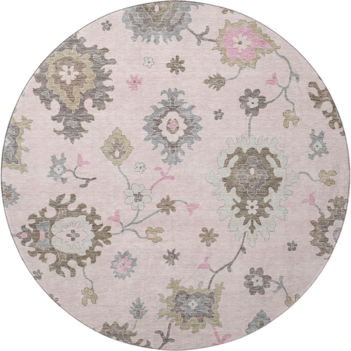 8' Floral Medallion Washable Round Rug With UV Protection - Pink