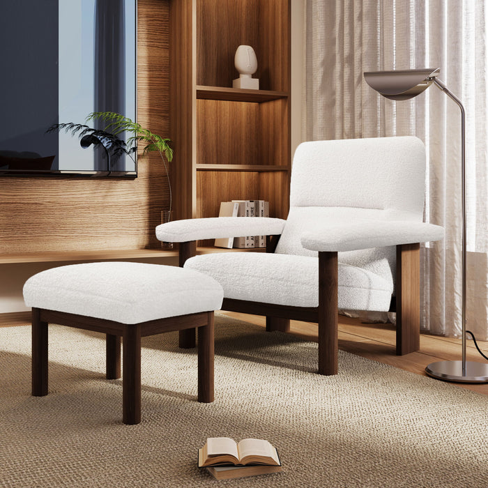 Giga modern white accent lounge chair with matching ottoman, upholstered fabric armchair with solid wood frame for living room.