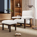 Giga modern white accent lounge chair with matching ottoman, upholstered fabric armchair with solid wood frame for living room.