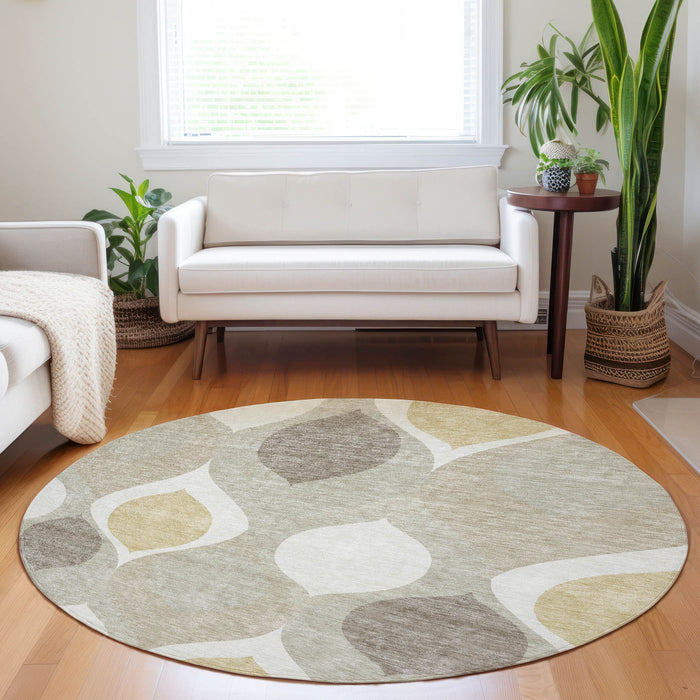8' Ogee Washable Round Rug With UV Protection - Beige