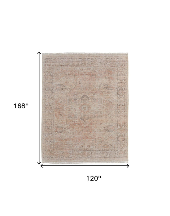 10' X 14' Oriental Hand Woven Distressed Area Rug With Fringe - Tan
