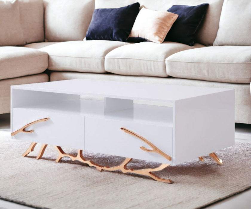 Rectangular Coffee Table With Two Drawers And Two Shelves - Rosegold And White