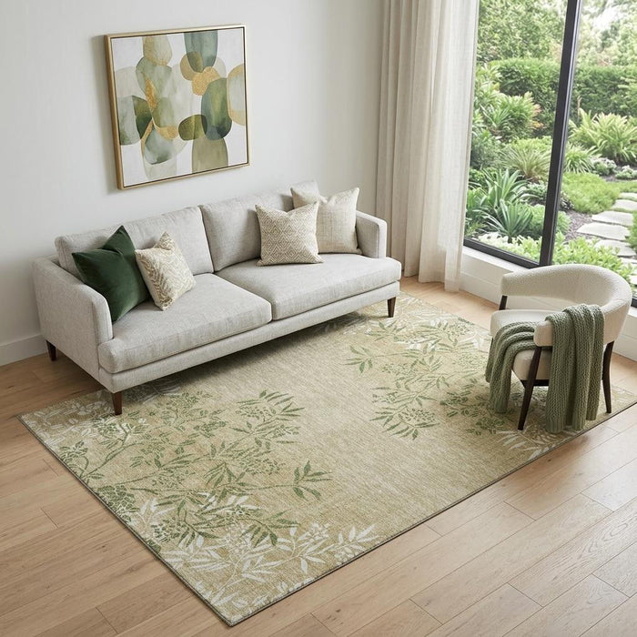 5' X 8' Floral Washable Area Rug With UV Protection (655640) - Khaki / Green / Ivory